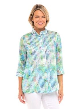 Tela Linen-Blend Green Floral Stripe Button-Front Blouse